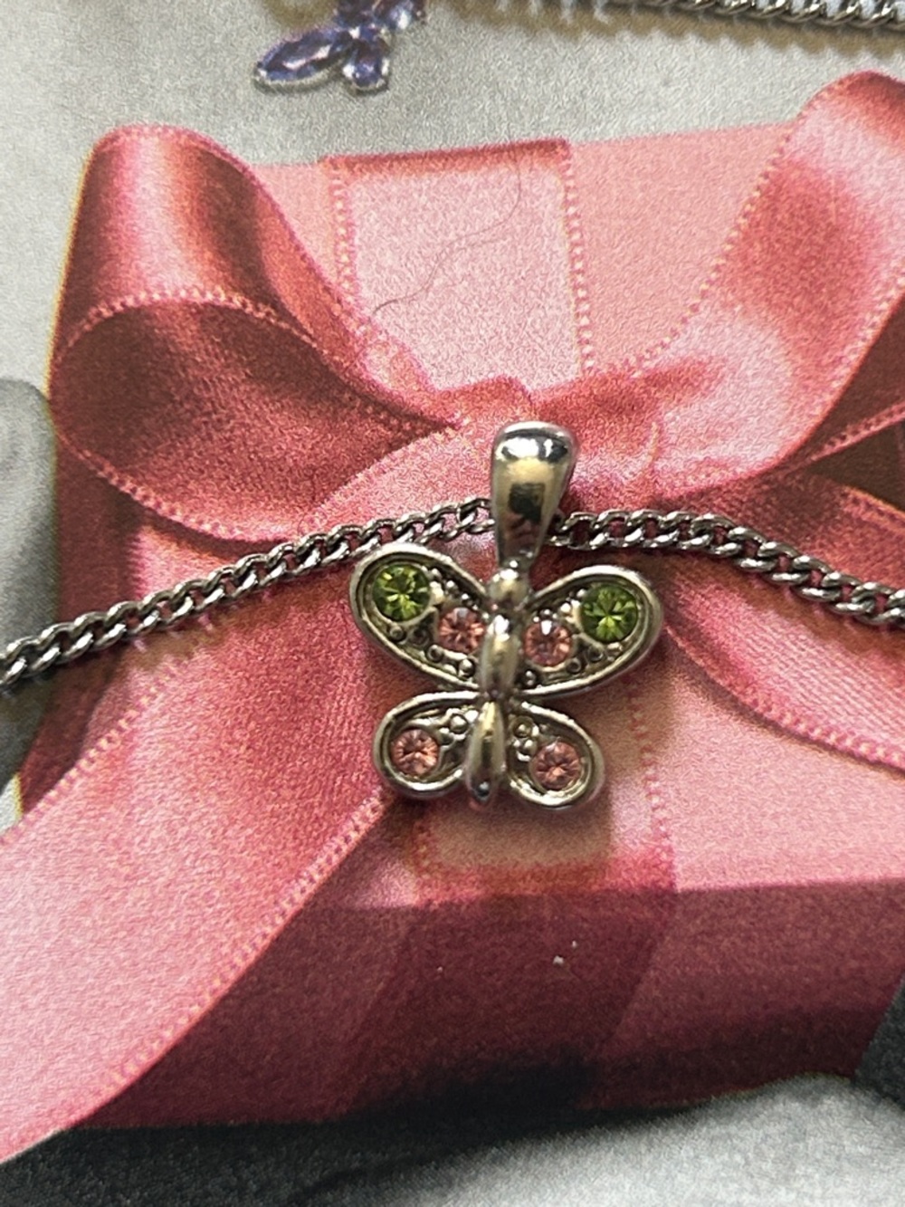 Butterfly Pendant Necklace with Green and Pink Gem Accents